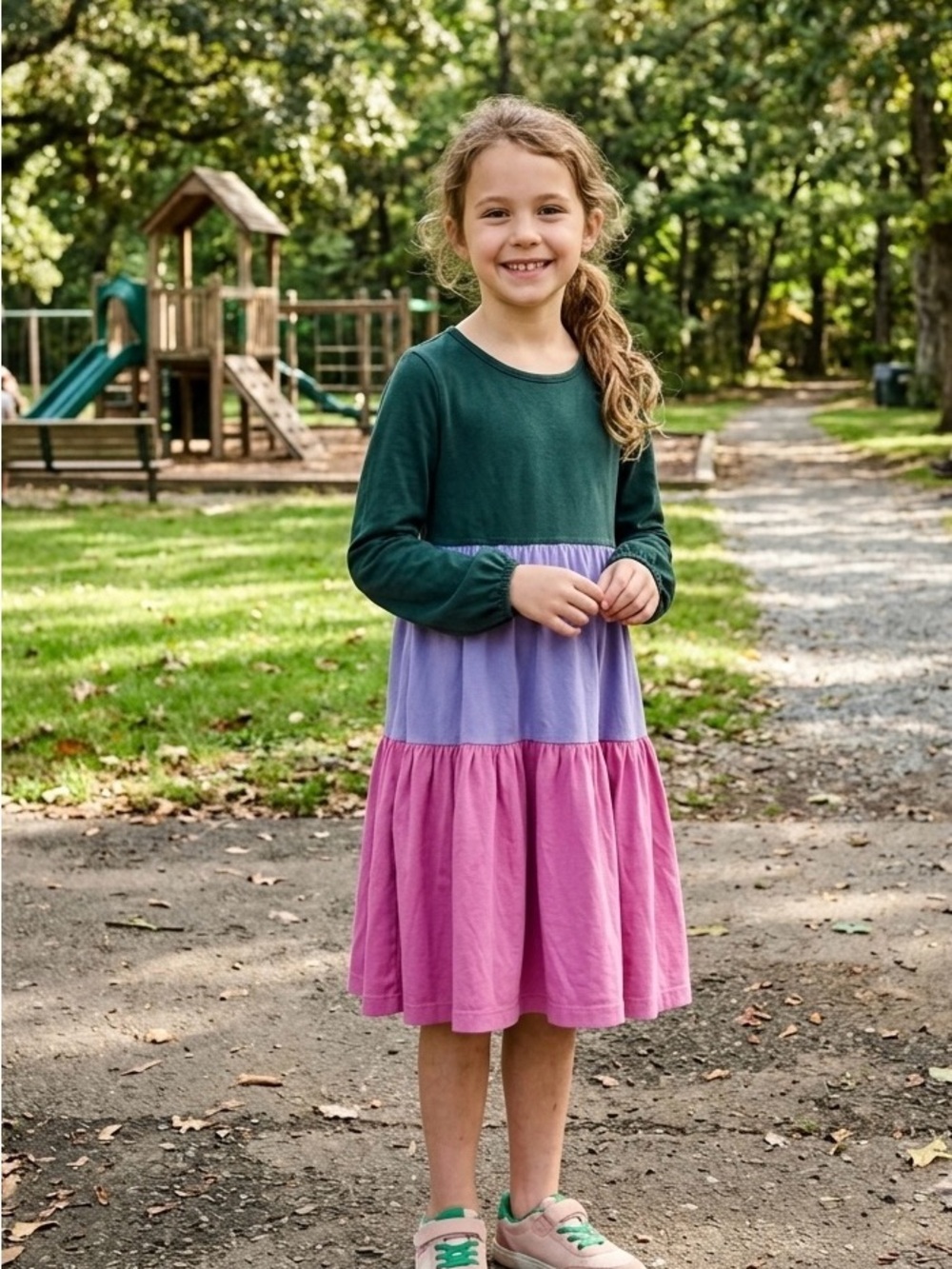 Hanna Andersson Girls Colorblock Tiered Dress in Green, Lavender & Pink